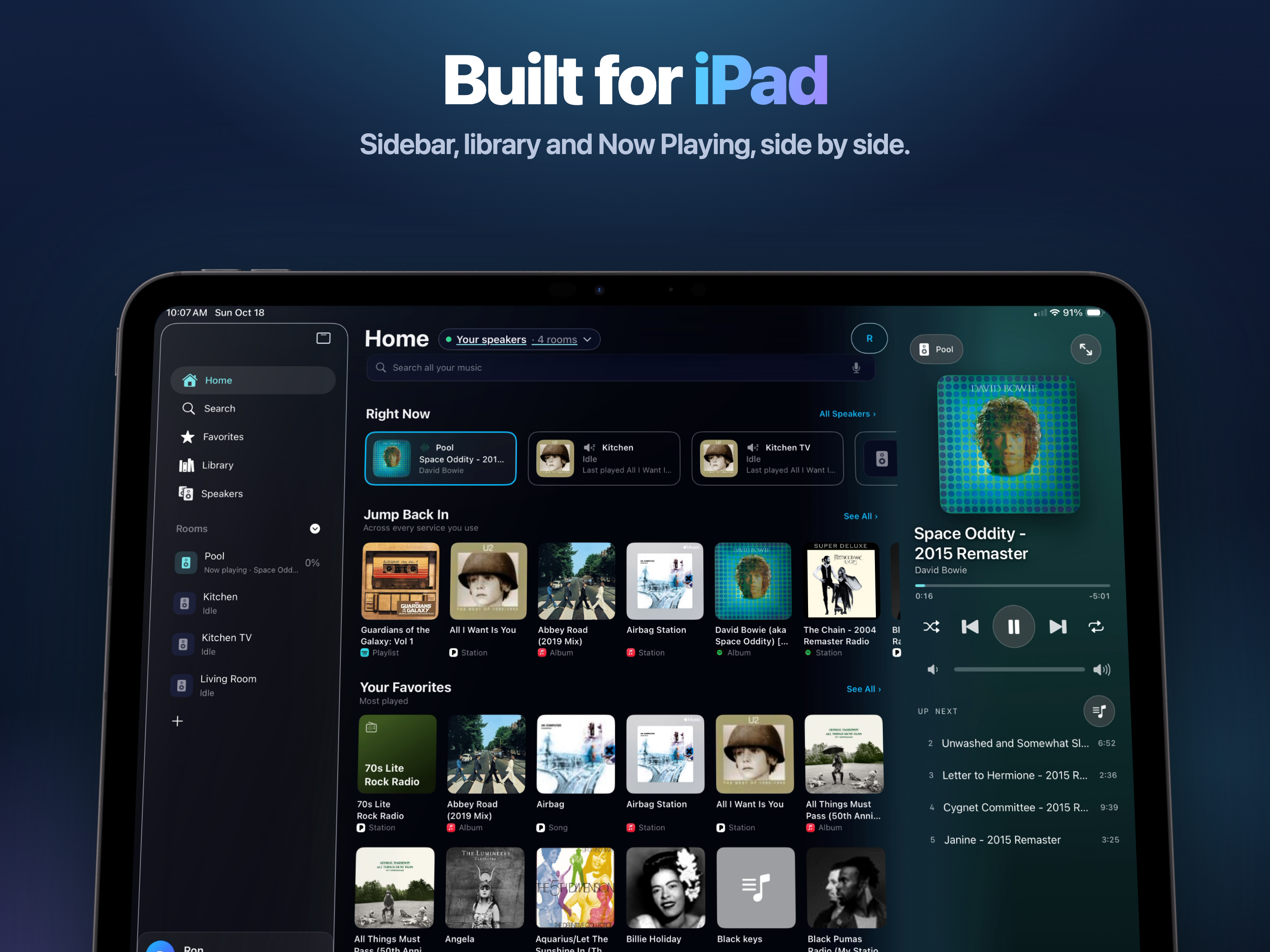 Built for iPad: sidebar, library and Now Playing side by side